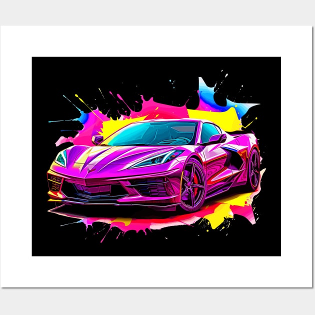 Pink C8 Corvette racecar Splatter Art Supercar Sports car Racing car Wall Art by Tees 4 Thee